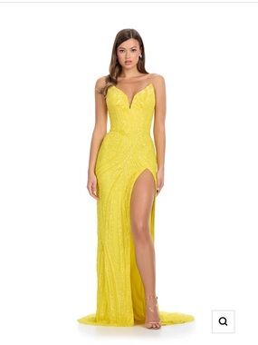 Yellow Beaded V-Neck Evening Gown
